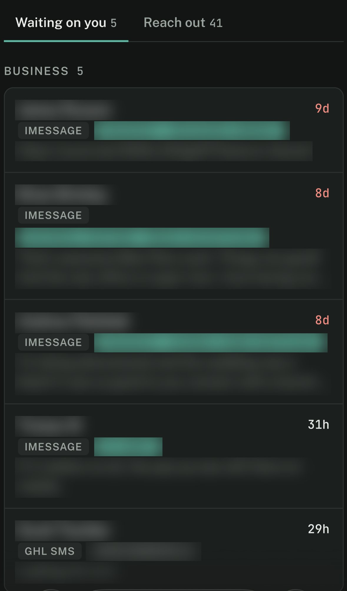 Mission Control's Waiting on you list, names and messages blurred