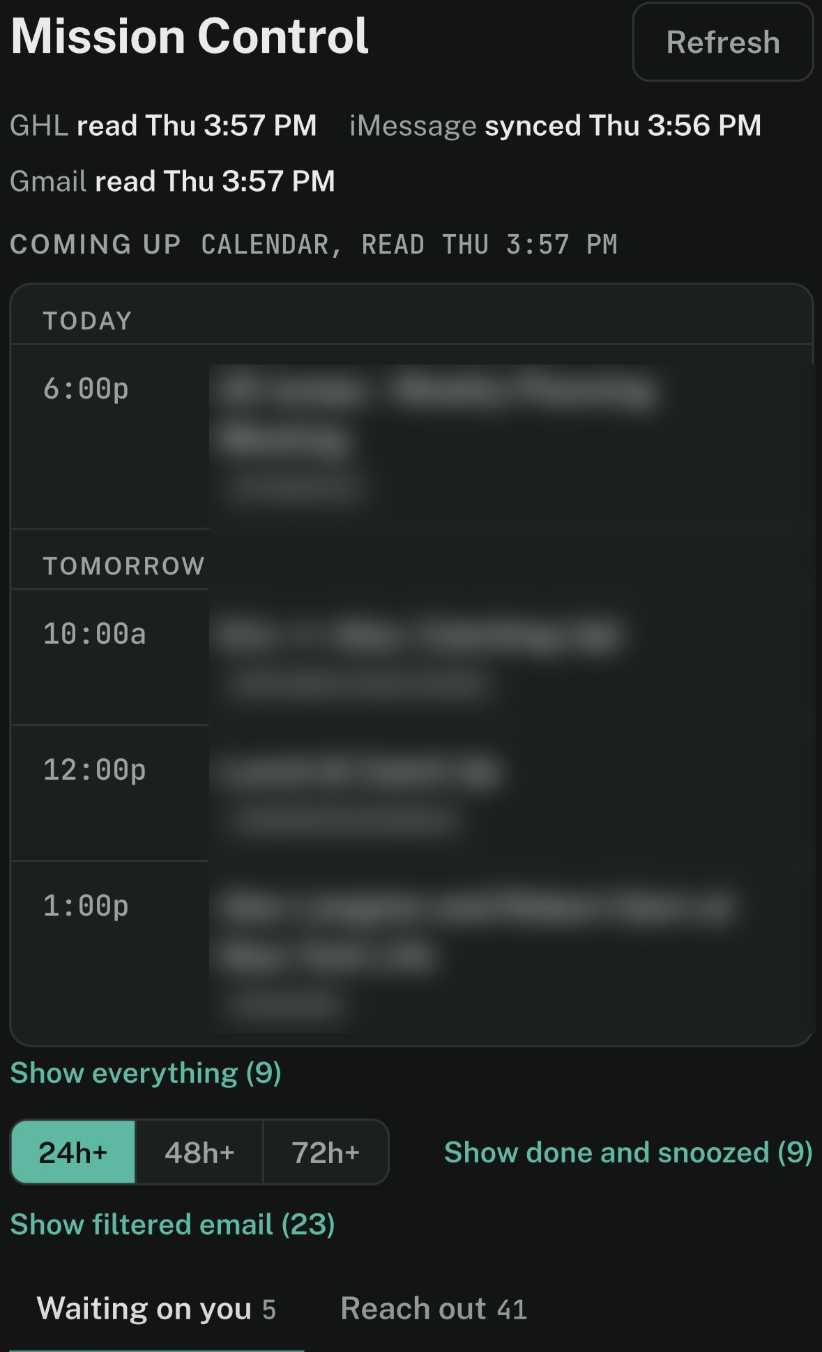 Mission Control dashboard on a phone, with names blurred
