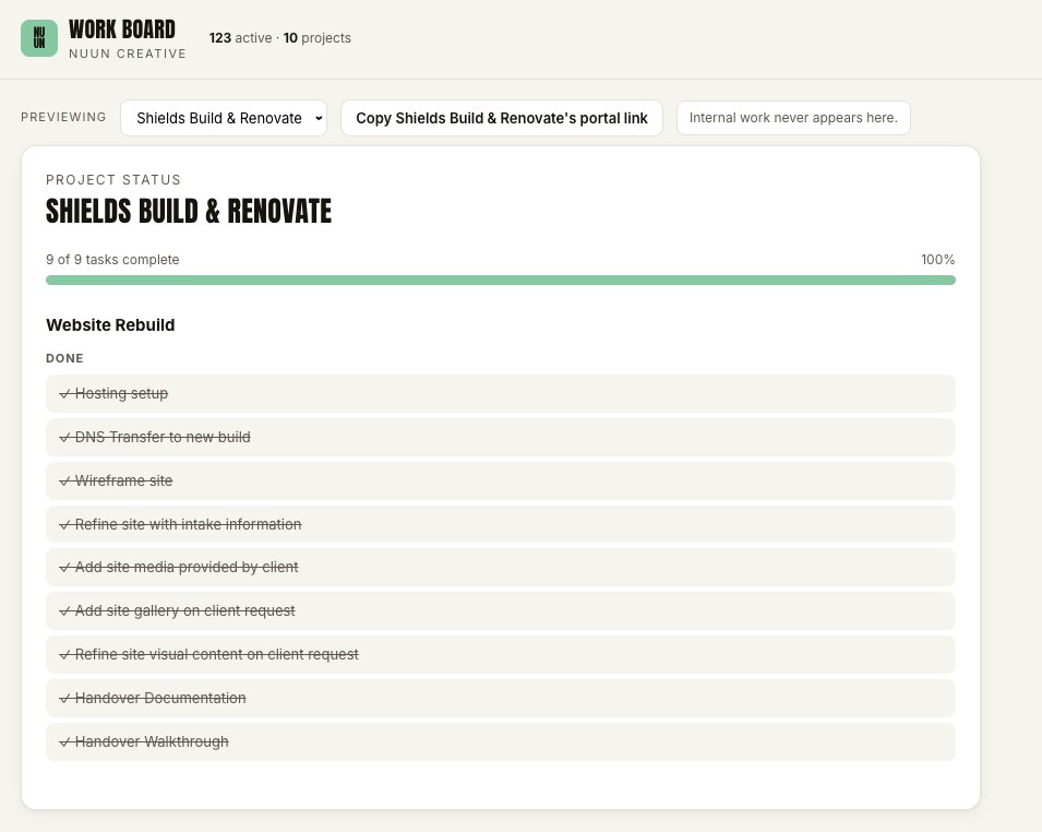 Work Board client preview for Shields Build & Renovate, 9 of 9 tasks complete